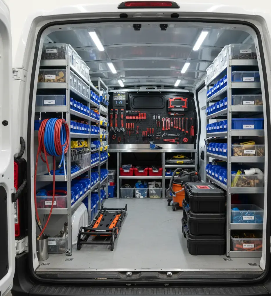 Professional plumbing service van with organized automotive-grade tools and equipment